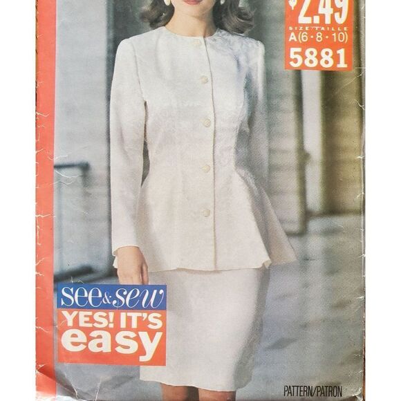 Vintage 90s Butterick Pattern 5881 Uncut Top Fit Flare Skirt Straight 6 8 10 - Picture 1 of 4